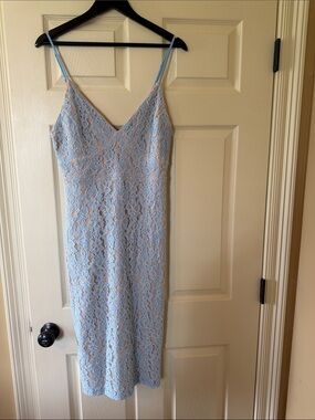 Just Me Pale Blue Lace Midi Slip Dress with Nude Underlay
